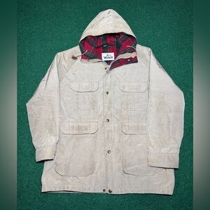 Vintage 80s 90s Woolrich Mountain Parka Beige Plaid L USA 25x31 Field Coat